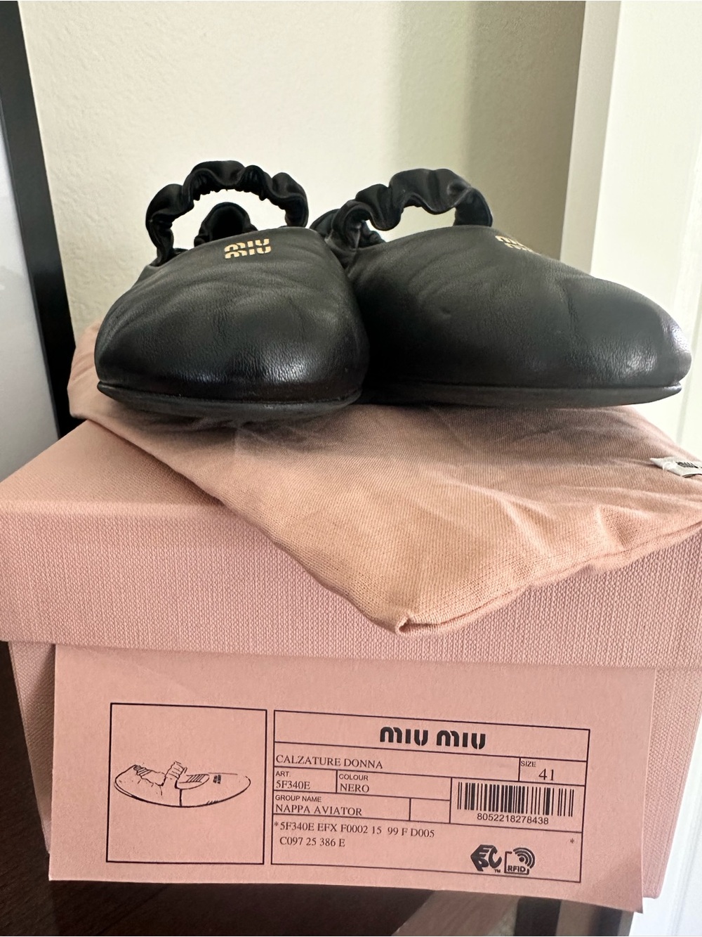 Miu Miu Black Ballet Ballerina Flats with Gold Logo Accent - Picture 7 of 10